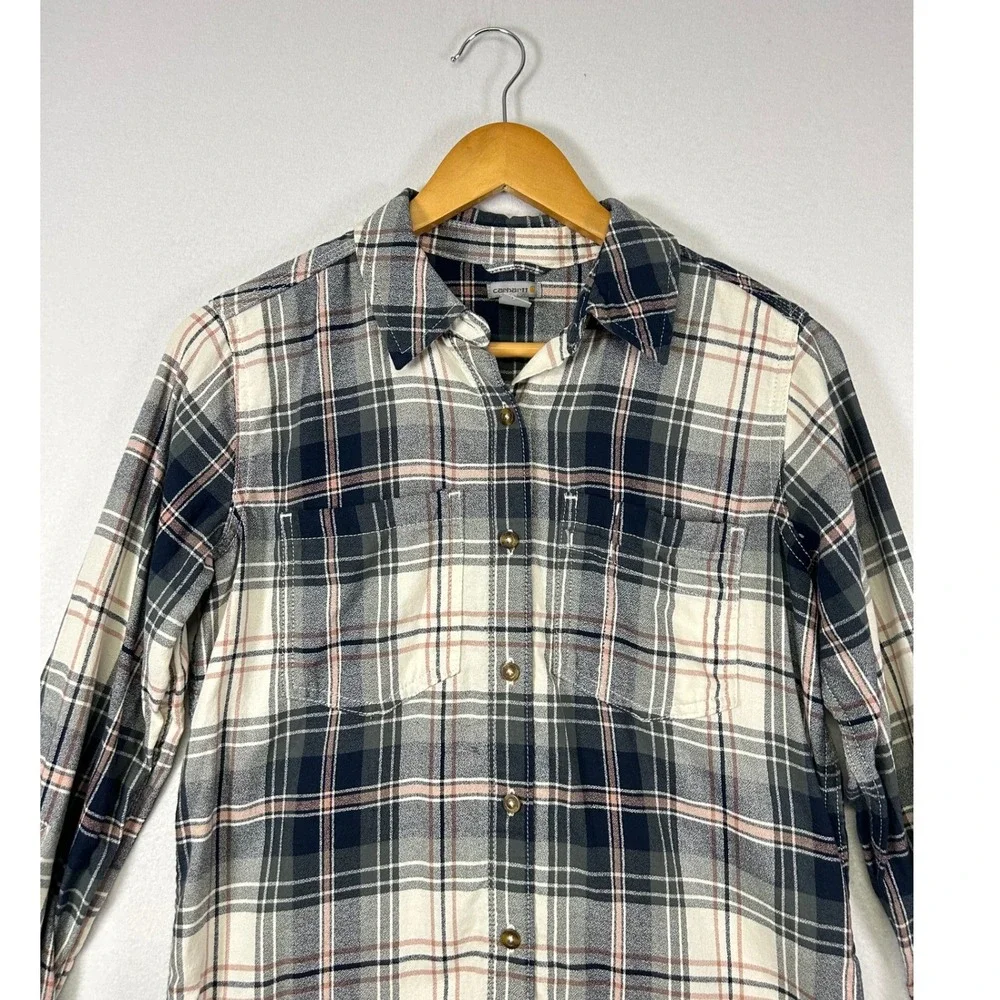 Workwear Carhartt Womens S Navy Pink Plaid Flannel Button Down Shirt‎ Utility
